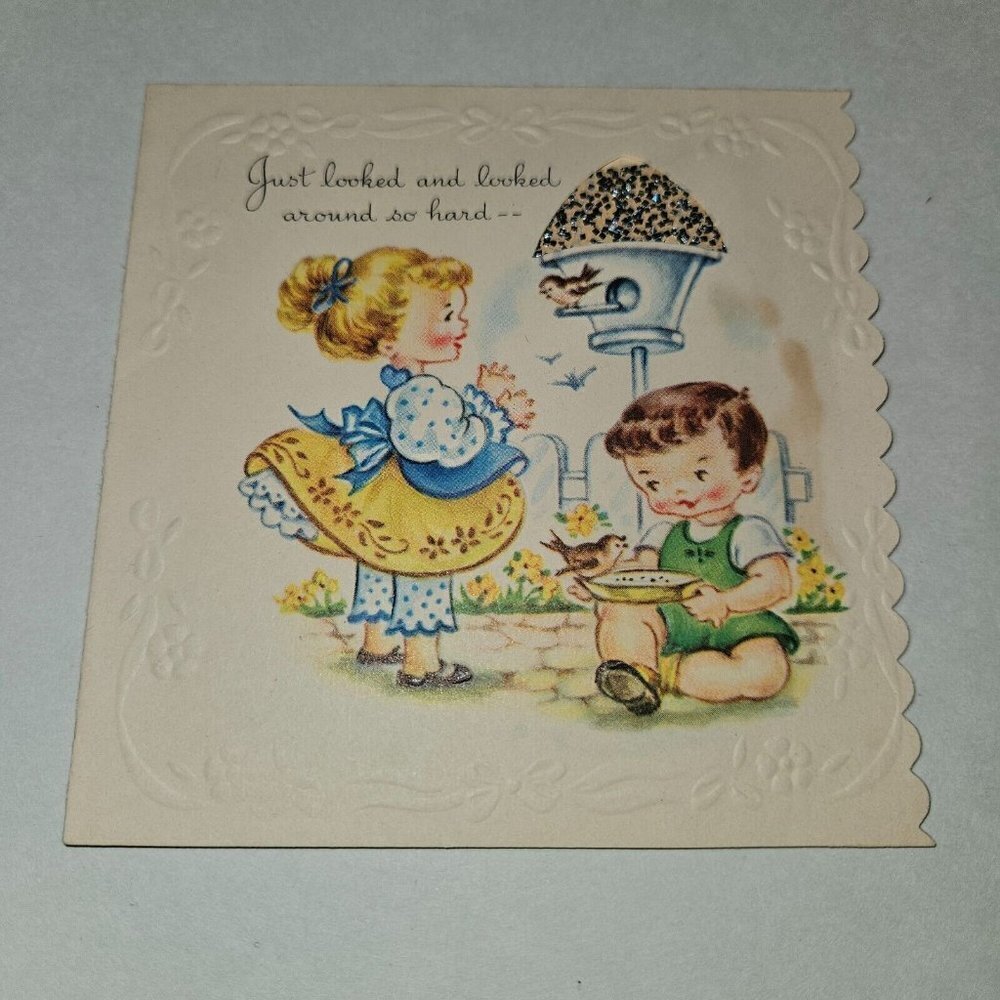 VTG Get Well Greeting Card Boy Girl Gay Birds Whistling Tune Scalloped Edge 4x4